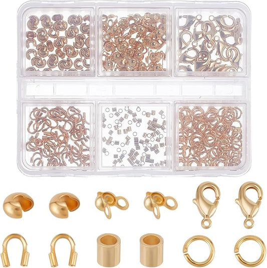 Beebeecraft 1 Box 370Pcs Crimp Beads Kit 18K Gold Plated Wire Guardian Crimp Tubes Spacer Beads Bead Tips Knot Covers Lobster Clasps Jump Rings for Jewelry Making Earring Necklace DIY Crafts