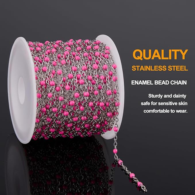 KYUNHO 16.4 Feet Stainless Steel Cable Chain Links on Roll Rose Red Enamel Bead Jewelry Supplies for Crafting Silver Chains for Jewelry Making with Jump Rings Lobster Clasps