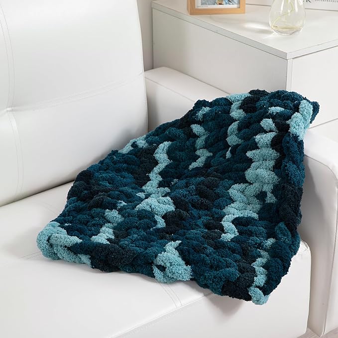 HOMBYS Chunky Tie Dye Mix Chenille Yarn for Hand Knitting, Super Bulky Jumbo Yarn for Crocheting, 3/4" Thick Soft Plush Yarn for Blankets, 8 Skein Pack (26 yds / 7.5 oz Each) Blue