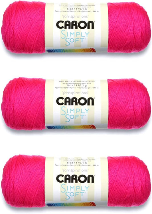 Caron Simply Soft Neon Pink Yarn - 3 Pack of 170g/6oz - Acrylic - 4 Medium (Worsted) - 315 Yards - Knitting/Crochet