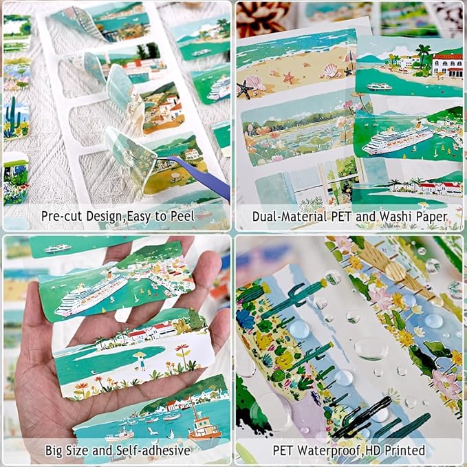 20 Sheets Diecut Summer Scenery Scrapbook Sticker Book for Scrapbooking, Dual Materials - PET and Washi Stickers for Journaling, Junk Journal Supplies, Collage, 4.5X 9.8 Inches