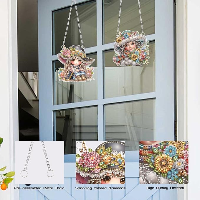 2 Pack Feminine Diamond Painting Hanging Charms – DIY Floral Art Pendants with Rhinestones – Elegant Decorative Accessories for Car Mirror, Wall, or Gift Ideas