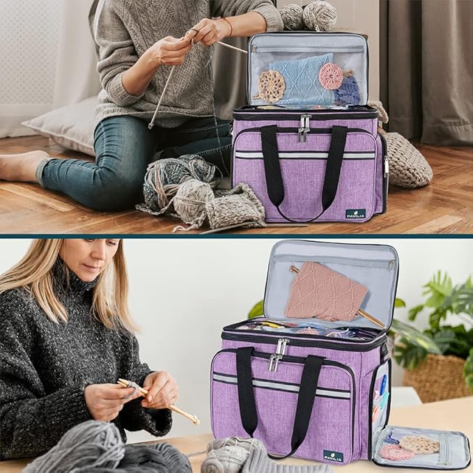 PAVILIA Knitting Bag Yarn Storage Tote, Large Crochet Organizer Bag, Yarn Storage Holder for Crocheting Knitter, Knitting Project Bag, Crochet Accessories Set, Gifts For Crochet Lovers, Heather Purple