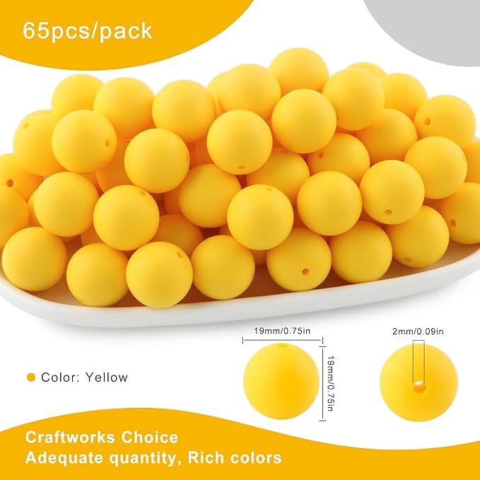 65Pcs 19mm Silicone Beads for Keychain Making Bracelet Necklace, Bulk Round Silicone Beads for Pens（Yellow）