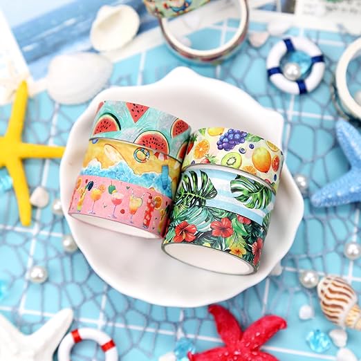 12 Rolls Summer Washi Tape Set, Hawaii Beach Holiday Decorative Tape Flamingo Tropical Fruits Leaves Watermelon Watercolor Masking Tape for Journaling Supplies,Gift Wrapping, DIY Art & Crafts