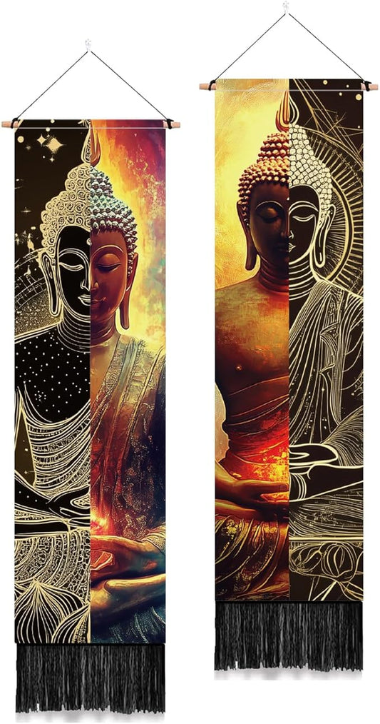 PLIGREAT 2 Pack Buddha Tapestry with Tassels, Vertical Zen Decor Long Narrow Wall Tapestry Meditation Wall Hanging for Yoga Room Bedroom Living Room Dorm Room Home Art Decor, 46" x 13"