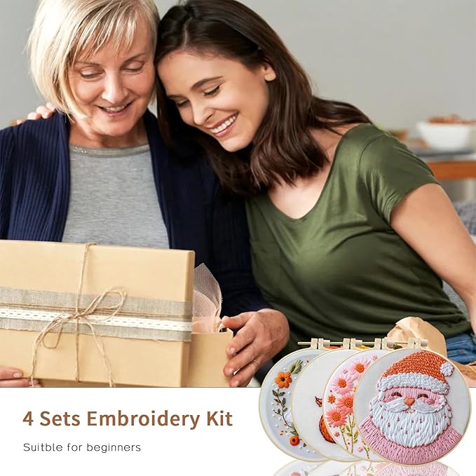 LB Christmas Thanksgiving Embroidery Kit for Adults & Beginners - 4 Piece Halloween DIY Cross Stitch Starter Kit with Ghost, Pumpkin, Floral Designs (Pink/Orange), Hoop, Threads, Needles