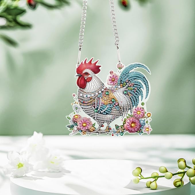 5D DIY Diamond Painting Pendant Kit – Rooster with Floral Design, Handmade Acrylic Diamond Art Hanging Ornament for Wall Window Home Decoration and Gift