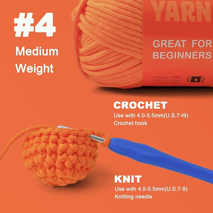 3.5Oz/120yds Orange Beginner Easy Yarn for Crocheting and Knitting;Worsted-Weight Medium #4;Cotton Blend Yarn for Beginners Amigurumi DIY(Orange,1 Skein)