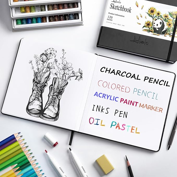 Square Sketchbook for Drawing, 120 Pages Sketch Book, 122LB/180GSM Thick Paper, Mixed Media Sketchbook for Charcoal Pencil, Inks Pen, Colored Pencil, Acrylic Marker, Oil Pastel