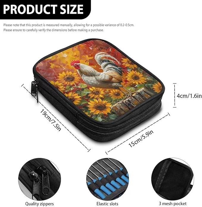 Hechitok Sunflower Crochet Hook Case Empty Zipper Bags Organizer Travel Crochet Storage Bag with Web Pocket for Carrying Various Crochets and Knitting Accessories