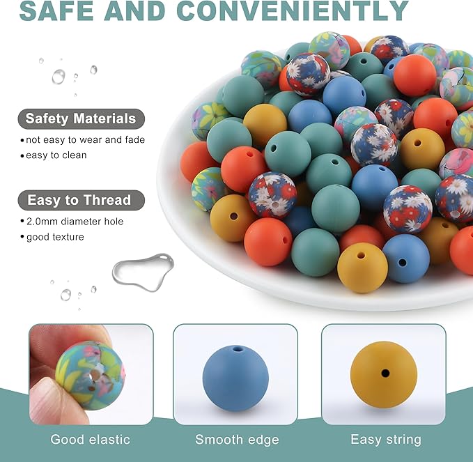 150Pcs Mixed Color 15mm Silicone Beads for Keychain Making, Powder Orange Flower Print Silicone Beads for Pens and Bracelet Jewelry Making