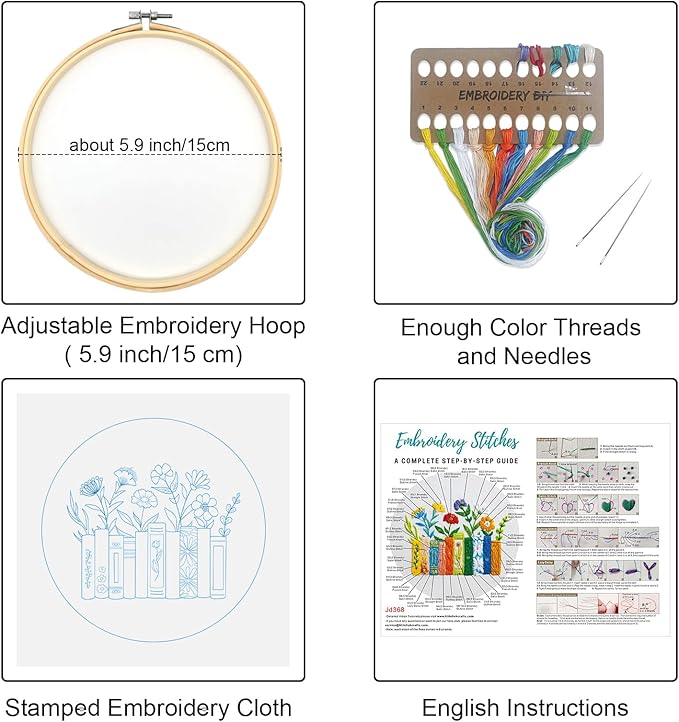 Louise Maelys Funny Embroidery Kits for Beginners,Cross Stitch Kit for Adults,DIY Needlepoint with Books Bookmarks and Flowers Pattern