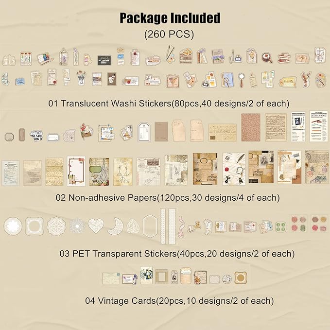 Esweny 260PCS Vintage Journaling Scrapbooking Supplies Scrapbook Sticker Paper Ephemera Pack for Junk Journal Planners Collage Craft Notebooks Album (Pen Ink and Letter)