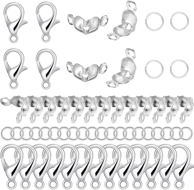 800 Pcs Jewelry Making Accessories Set with 100 Pieces Lobster Claw Clasp 200 Pieces Bead Tips Knot Covers and 500 Pieces Open Jump Ring Connectors DIY Jewelry Making Supplies(Silver)