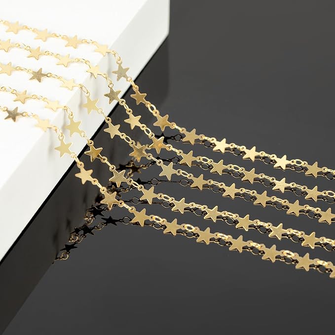 KYUNHOO 16.4 Feet Gold Chains for Jewelry Making Flat Star Link Chain for Necklace Ankle Brass Jewelry Chain Spool Gold Chain Bulk with Lobster Clasps and Jump Rings