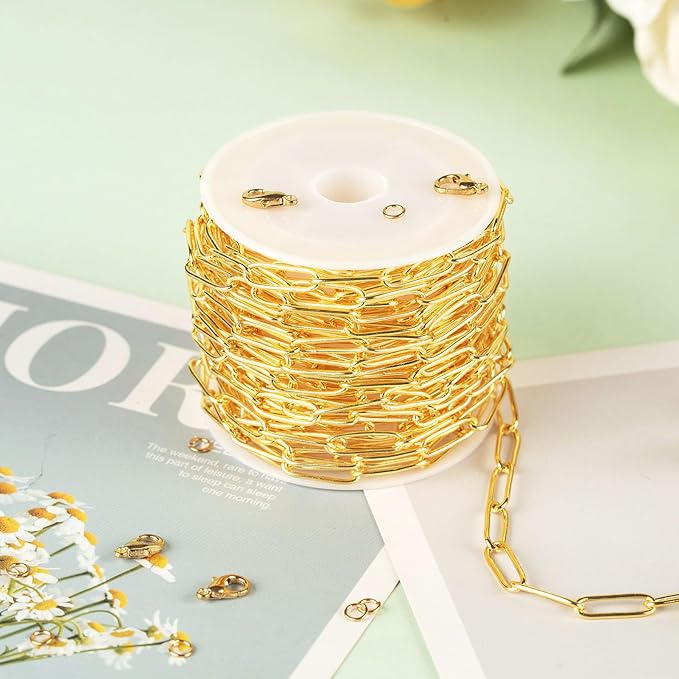 KYUNHOO 18K Gold Plated Chain for Jewelry Making 5 Meters Paperclip Chains with Lobster Clasps Jump Rings for Crafting Supplies Accessories
