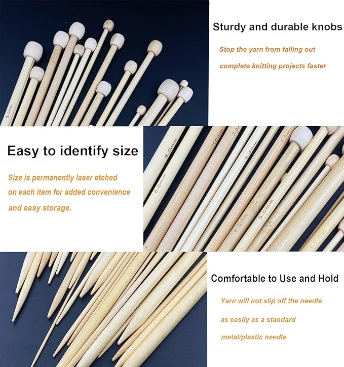 Mdoker 95pcs Knitting Needles Kit&Crochet Hooks Set 36 Straight Bamboo Knitting Needle 12 Small Size Lace Crochet Hook 5 Ergonomic Crochet Needles Knitting Set with Knitting Supplies&Accessories