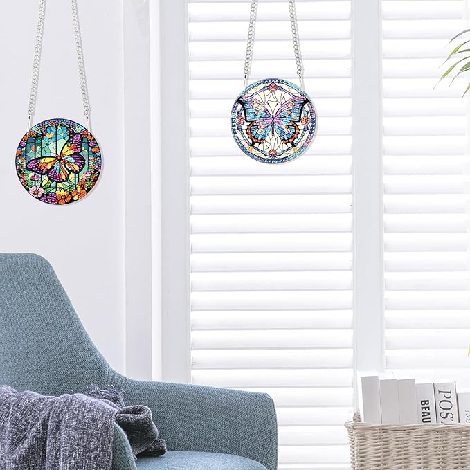 JISHSHAY 2 Pcs Diamond Painting Pendant Kits - Butterfly & Special Shape Diamond Art - Suncatchers & Hanging Art - Window Clings & Decor