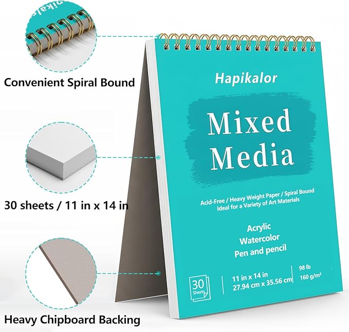 sketch book mixed media pad, 11" x 14" top spiral bound sketch pad, 30 sheets 98lb/160gsm acid-free drawing paper, art supplies sketchbook for drawing, sketching