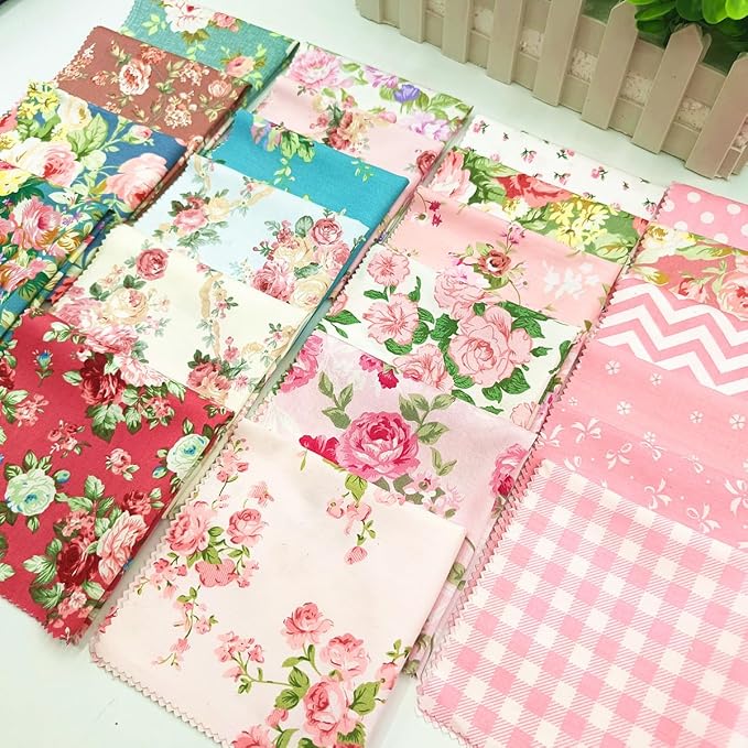 22Pcs 10" Pink Floral Fabric Squares No Repeat Charm Pack, Precut Quilting Cotton with Wavy Edges,10 Inch Squares for Quilting