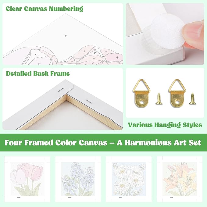Lxmsja 4 Pack Gentle Garden Paint by Numbers Kit for Adults, Easy Framed Paint by Numbers for Adults Beginner, DIY Acrylic Oil Painting Craft Kits for Home Wall Decor 8x8 inch