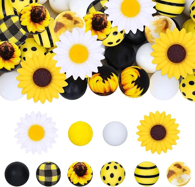 84Pcs Sunflower Silicone Beads Set 15mm Round Silicone Beads Bulk Yellow Black White Silicone Focal Beads Daisy Flower DIY Crafts Loose Spacer Beads for Pens Keychain Bracelet Necklace Lanyard Making