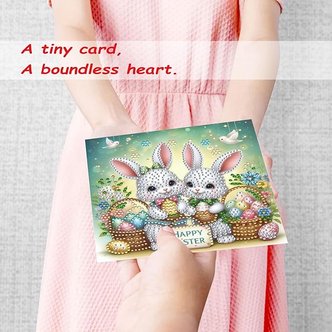 12 Pack 5D DIY Diamond Painting Greeting Card Kit, Diamond Art Birthday Holiday Greeting Card, Art Crafts Kit Creative Gift with Envelope (Easter Bunny A)