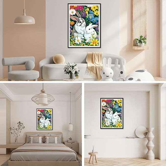 SENQAO Rabbit Diamond Painting Kits, 5D DIY Flowers Diamond Painting Kit Full Drill Diamond Art for Adults Kids Paint by Diamond Kits Easter Bunny Diamond Painting Rabbit 12x16inch