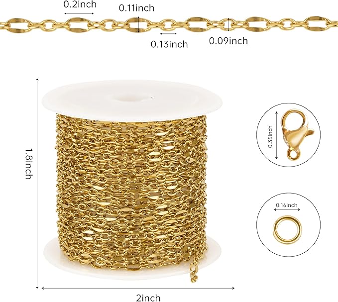 Kyutong Gold Plated Stainless Steel Jewelry Chain Roll on Bulk 5 Meters Long Cable Necklace Chains with Connectors for Jewelry Craft DIY