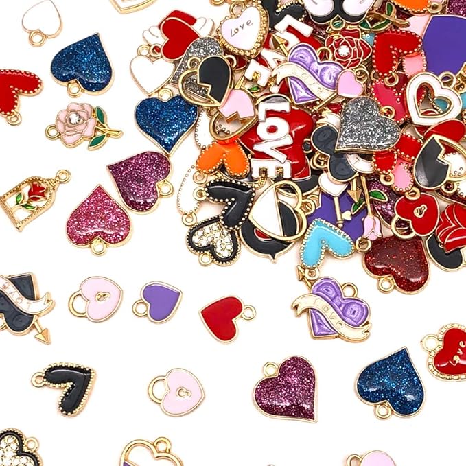 WOCRAFT 120pcs Assorted Enamel Bracelet Heart Rose Flower Charms for Jewelry Making Crafts,Valentine's Day Mother's Day Wedding Day Charms DIY Necklace Bracelet Keychain Crafting Kit (SN813)