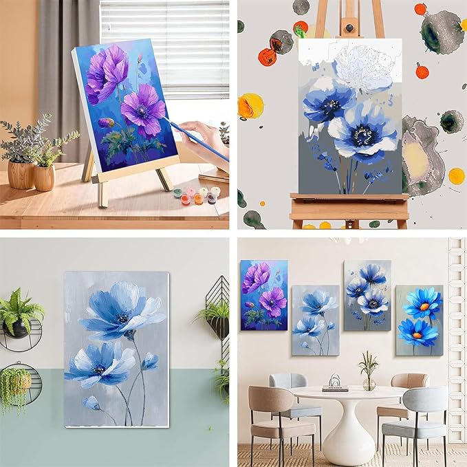 4 Pack Paint by Numbers for Adults with Framed Canvas - with Wooden Easel, Easy Flower Paint by Number for Beginners, Flowers Acrylic Oil Painting on Canvas with Brushes for Home Wall Decor 8x12 inch