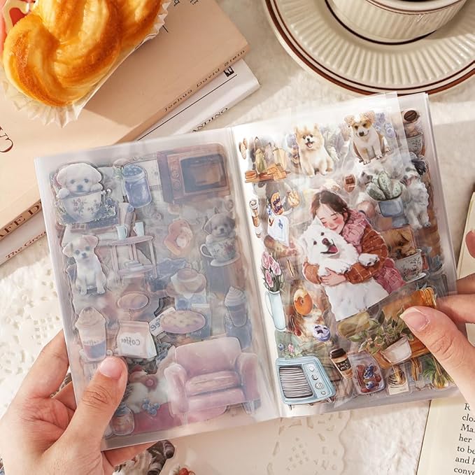 Journal Sticker Book for Journaling and Scrapbooking, Women Pet Coffee Time Theme, 20 Sheets 3.9x5.9 inches, Precut Clear PET Stickers for Junk Journal Supplies, Collage, Scrap Booking