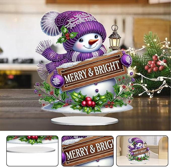 LAKEQUILL Christmas Diamond Painting Kits, Tabletop Ornament, Stand Up Diamond Art Desktop Kits for Home Office Decor, New Year Gift - Snowman (Purple)