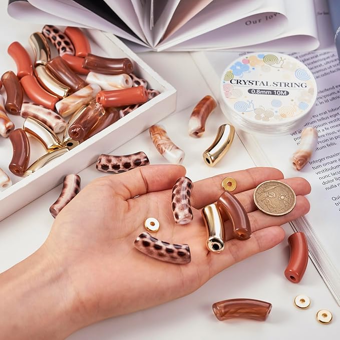 Crafans 40Pcs Acrylic Curved Tube Beads Brown Leopard Print Large Hole Twist Tube Beads with Elastic Thread Bracelet Making Kit for Crafts DIY Bamboo Bangles Jewelry Making Supplies