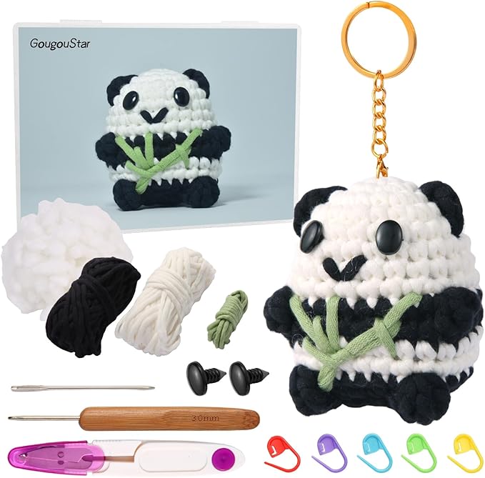 GougouStar Crochet Kit for Beginners, Animal Crochet Kits, Knitting Kit with Step-by-Step Video Tutorials and Crochet Accessories - Amigurumi Beginner Crochet Kit (Black Panda)