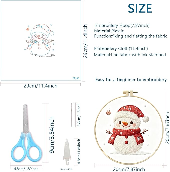 Zhenqing Snowman Embroidery Kit for Beginners - Complete Set with 20cm Hoop, Pre-Printed 29x29cm Cotton Fabric, Threads & Tools(C0146)