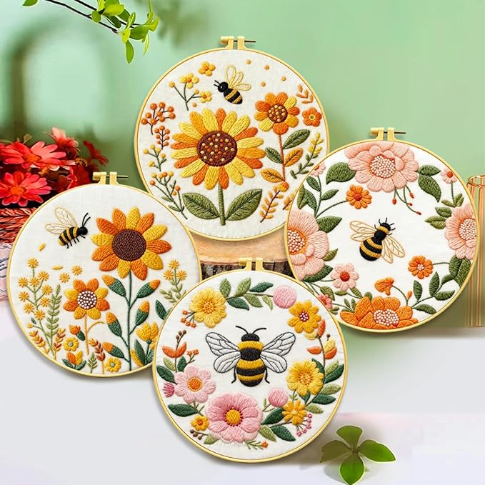 Zhenqing Bees & Flowers Embroidery Kit 11.4x11.4cm - 4-Piece Complete Cross Stitch Set with Pre-Printed Fabric, Threads, Hoop, Needles & Instructions | DIY Craft for Adults, Beginners-Friendly (C0046)