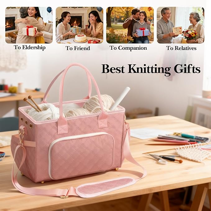 VERONLY Crochet Bag Yarn Storage, Large Knitting Tote with Padded Crochet Hook Organizer, Tote with Multiple Compartments for Crochet Lovers, Knitting Accessories, Unique Valentines Gifts for Her