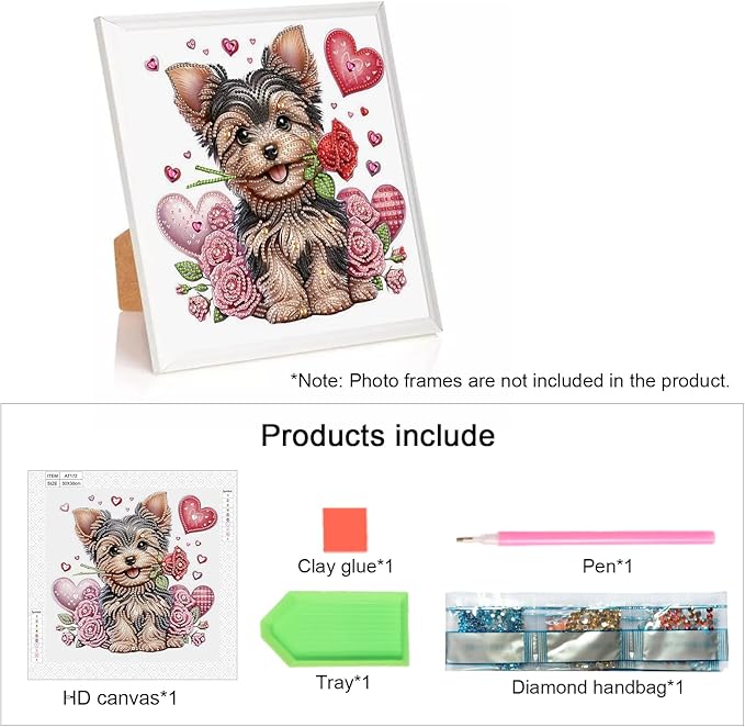 AiYuanzsh 5D Special Shape Diamond Art Kits for Adults, Valentine Puppy Diamond Painting Kit with Hearts and Roses, Crystal Rhinestone Diamond Art for Wall Decor Gift, 12×12 Inch