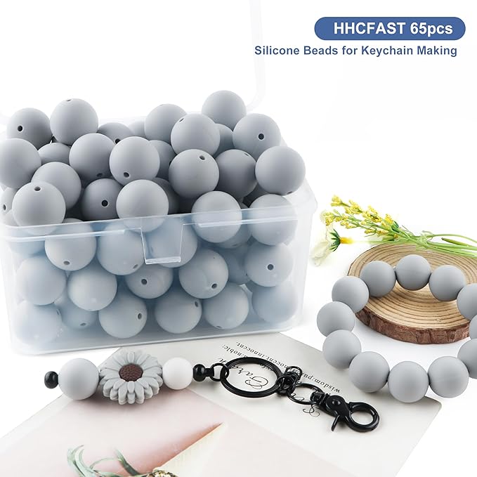 65Pcs 19mm Silicone Beads for Keychain Making Bracelet Necklace, Bulk Round Silicone Beads for Pens(Light Gray)