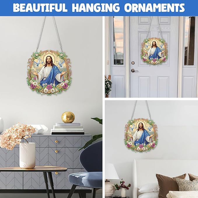 NAIMOER Diamond Art Hanging Kits for Adults Jesus 5D Special Shaped Rhinestone, DIY Acrylic Diamond Art Painting Window Pendants Home Garden Wall Hanging Ornament Kits, Double Sided