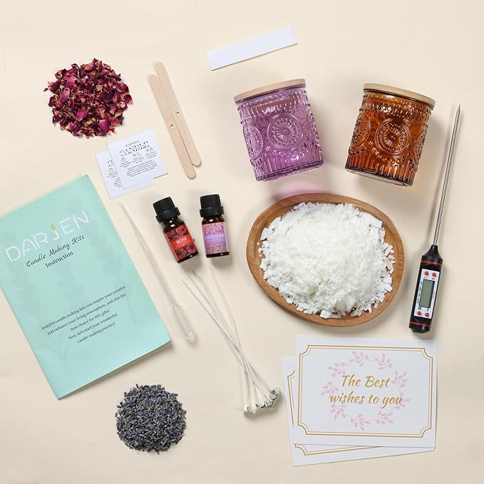 DARJEN Candle Making Kits for Adults- Soy Candle Making Supplies with 2 Candle Jars(Purple, Amber), Wax, Scents, Card & More, DIY Starter Candle Making Kit, Full Set DIY Arts & Crafts Gift