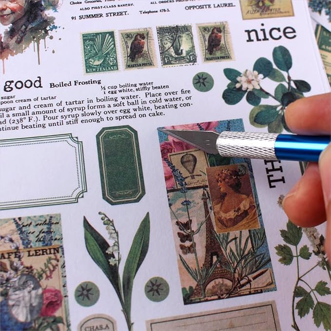 Vintage Washi Sticker Book for Journaling - 900+ Mini Scrapbooking Stickers, Ephemera for Junk Journal Bujo Scrapbook Supplies DIY Crafts Arts 50 Sheets (Green)