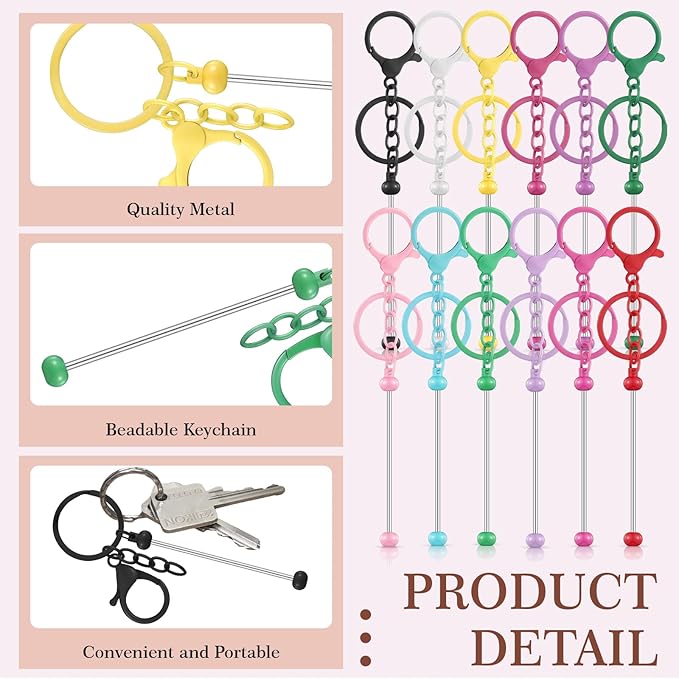 Tondiamo 24 Pcs Beadable Keychain Bars Bulk Beads for Keychain Making Kit Gifts for Women Men DIY Crafts(Candy Color)