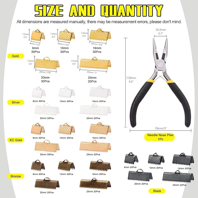 Mardatt 701 Pcs Ribbon Bracelet with Pliers Kit 24 Type Iron Fold Over Bookmark Pinch Crimp Ends Leather Clamps Jewelry Making Findings for Bookmark Pinch Bracelet Choker Necklace