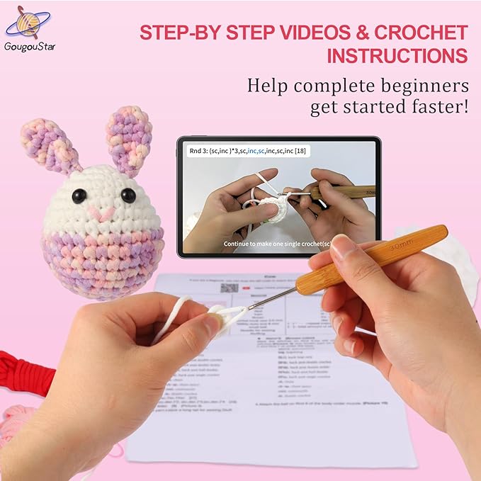 GougouStar Crochet Kit for Beginners, Animal Crochet Kits, Knitting Kit with Step-by-Step Video Tutorials and Crochet Accessories - Amigurumi Beginner Crochet Kit (Bunny)