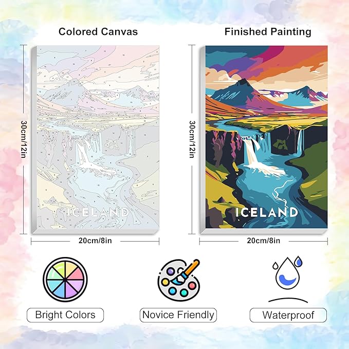 Yezavesu Framed Paint by Numbers Kit for Adults Beginner & Kids Ages 8-12, Iceland Landscape Paint by Numbers with Frame, DIY Number Painting for Adults Waterfall for Home Wall Decor Gift 8X 12 inch