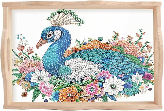 AiYuanzsh 5D Diamond Art Tray with Handle for Adults DIY Diamond Art Plate Kits Peacock Picture Diamond Art Painting Dinner Plate for Coffee Living Room Home Organizer Parties Family Gatherings