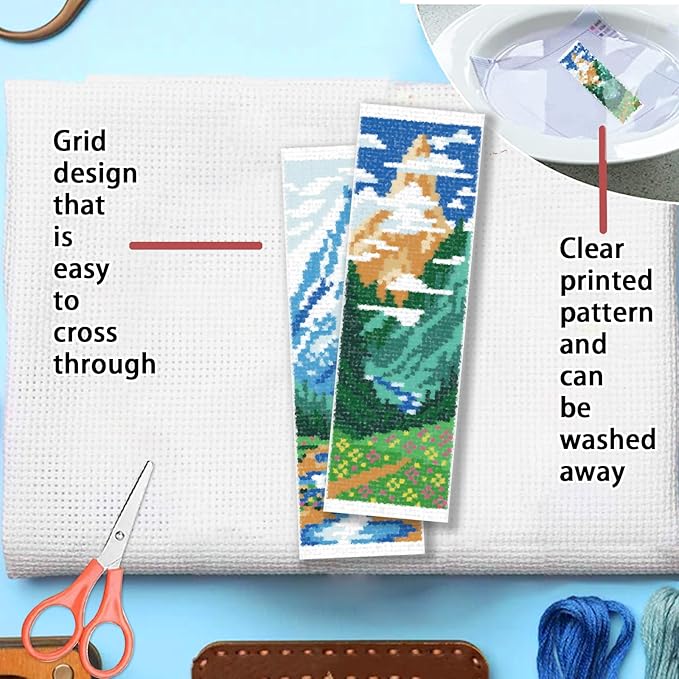 FREEBLOSS 6 Set Cross Stitch Bookmarks Kit Mountains&Rivers Stamped Cross Stitch Kit DIY Embroidery Bookmark Set with Instruction for Adults Beginners Gift for Reading Enthusiasts 8 * 2.4inch 11CT
